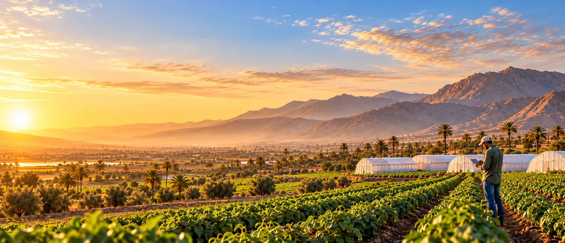 Agriculteur au milieu de ses cultures dans une vallée ensoleillée au Maroc
